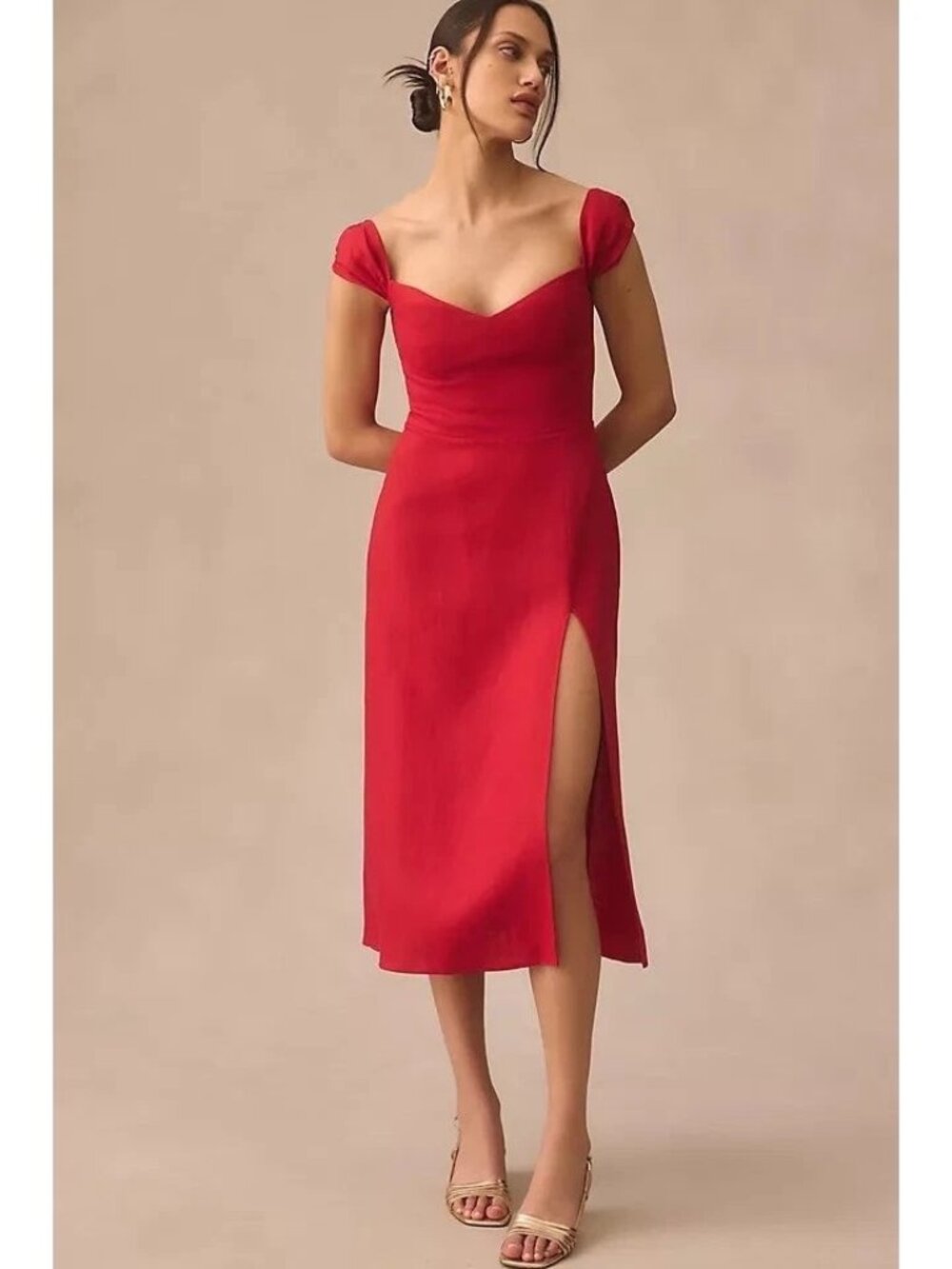 Reformation Bridgton Red Linen Midi Dress Off Shoulder Slit Size 0